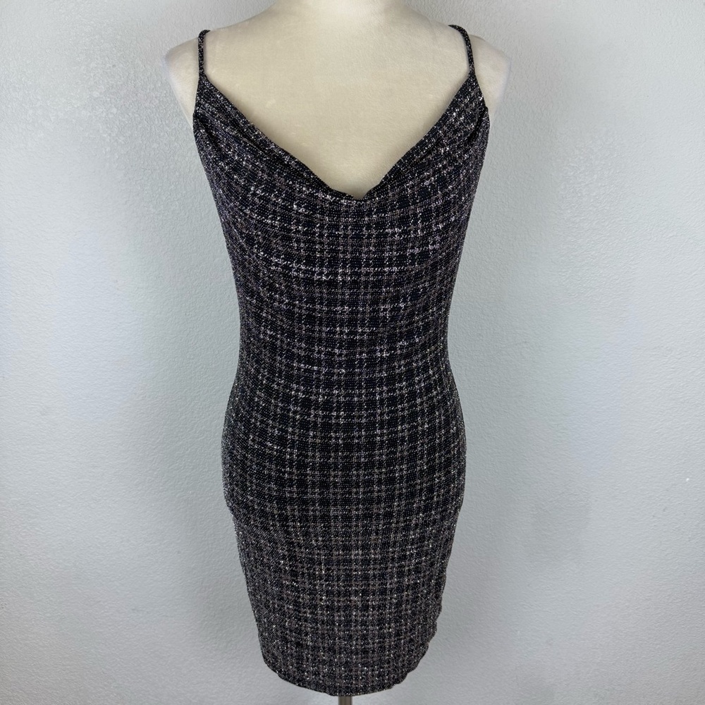 Triple Seven L Black/Pink Plaid Sparkling Mini Cocktail Party Cross Back Dress
